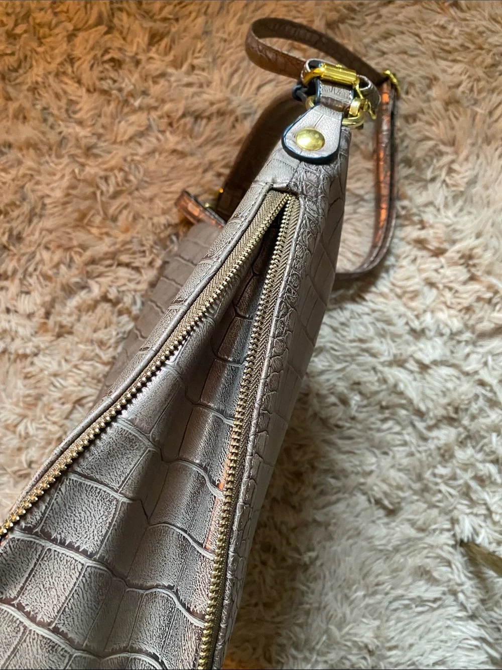 Adrienne Vittadini Bronze Croc-Embossed Hobo Bag w/gold hardware